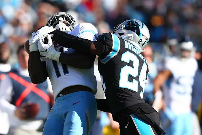 Nov 3, 2019; Charlotte, NC, USA; Tennessee Titans wide receiver A.J. Brown (11) catches a pass against Carolina Panthers cornerback James Bradberry (24) during the fourth quarter at Bank of America Stadium.